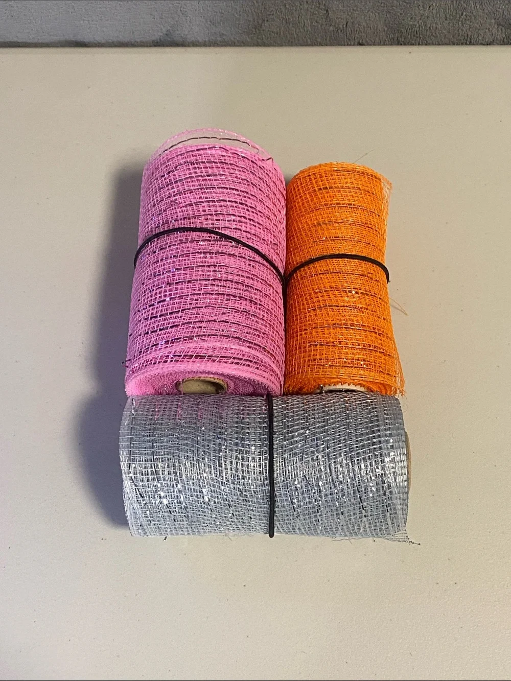 Lot of 17 Rolls of Opened and Used Deco Polymesh and Burlap
